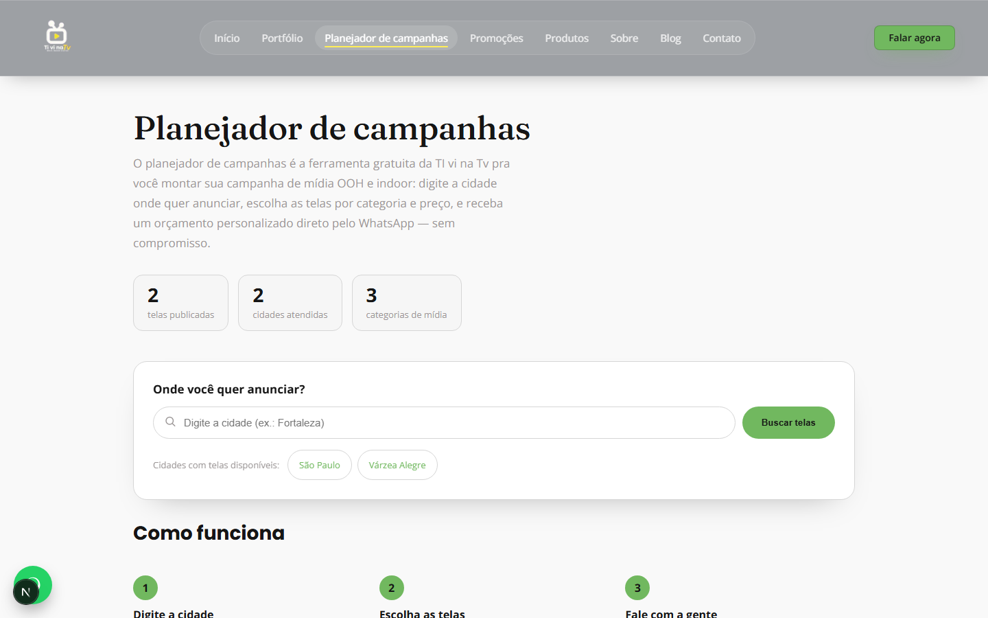 Planejador de campanhas com busca por cidade e telas disponíveis