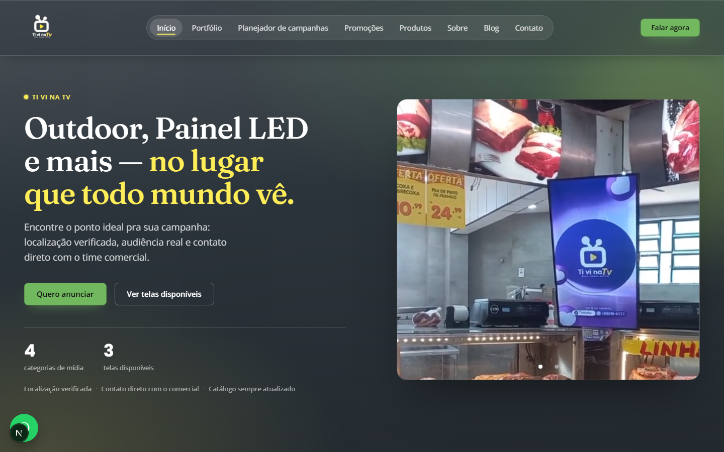 Site público de um cliente, com hero, telas em destaque e categorias de mídia